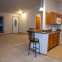 Kitchen looking toward the living area and front door.